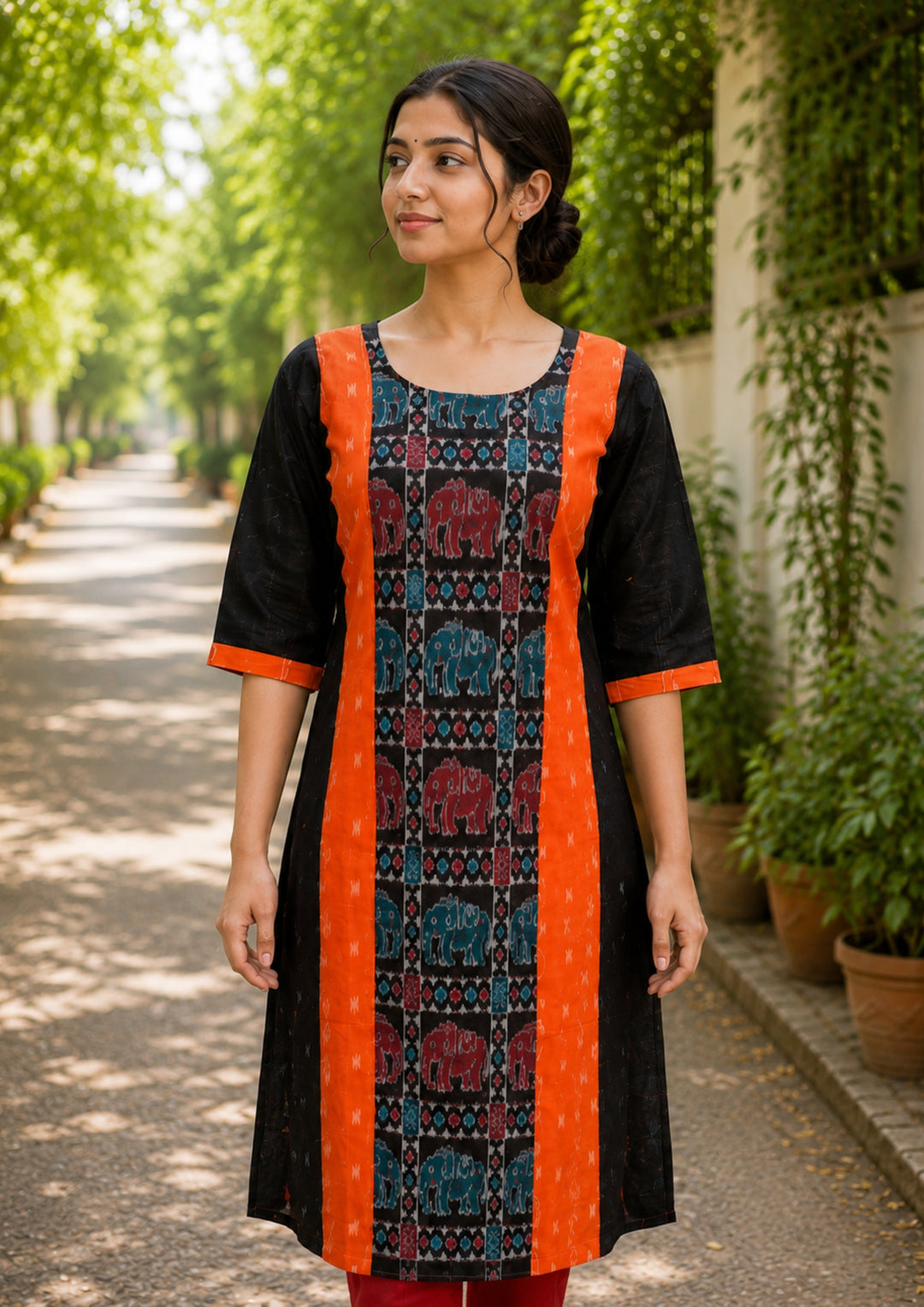 Sambalpuri Women's Kurti - Royal Elephant Motif Cotton Kurti