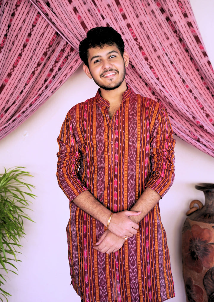 Sambalpuri Men’s Long Kurta – Ikat Stripe Pattern, Maroon-Red Base with Orange & Pink Accents