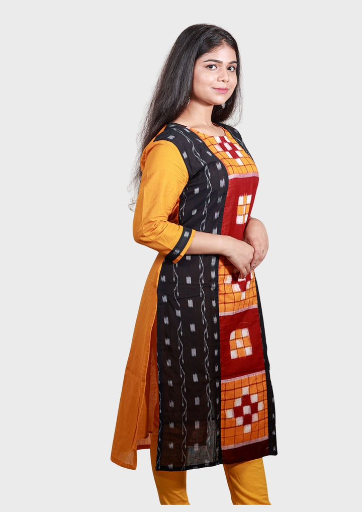 Sambalpuri Women's Kurti - Hand-woven Sapta Design Women Kurta in Yellow