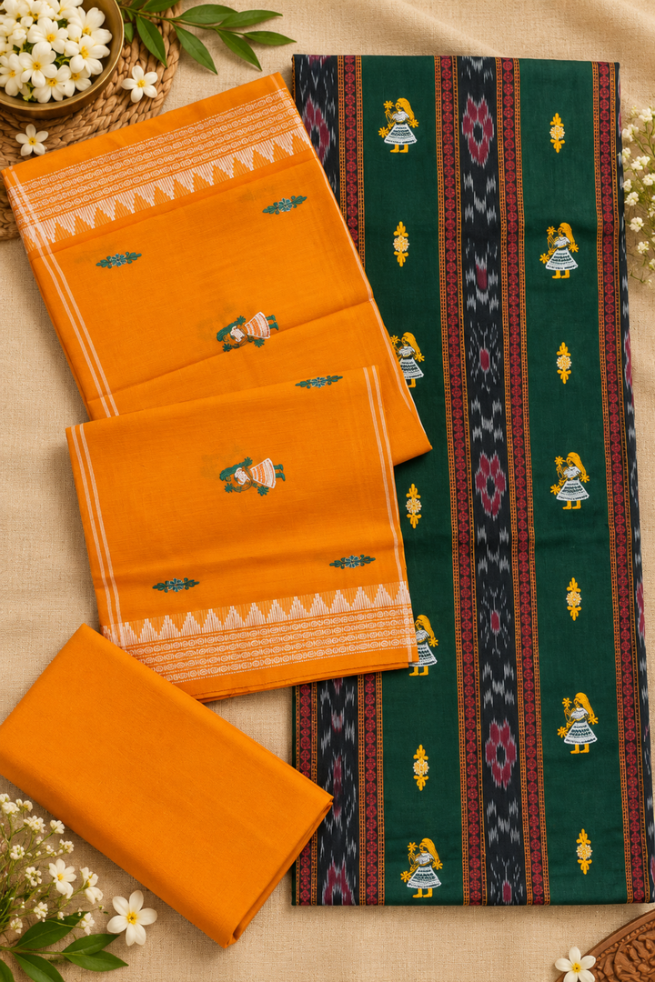 Women's Sambalpuri Mustard Orange & Dark Green Unstitched Suit Material with Dupatta