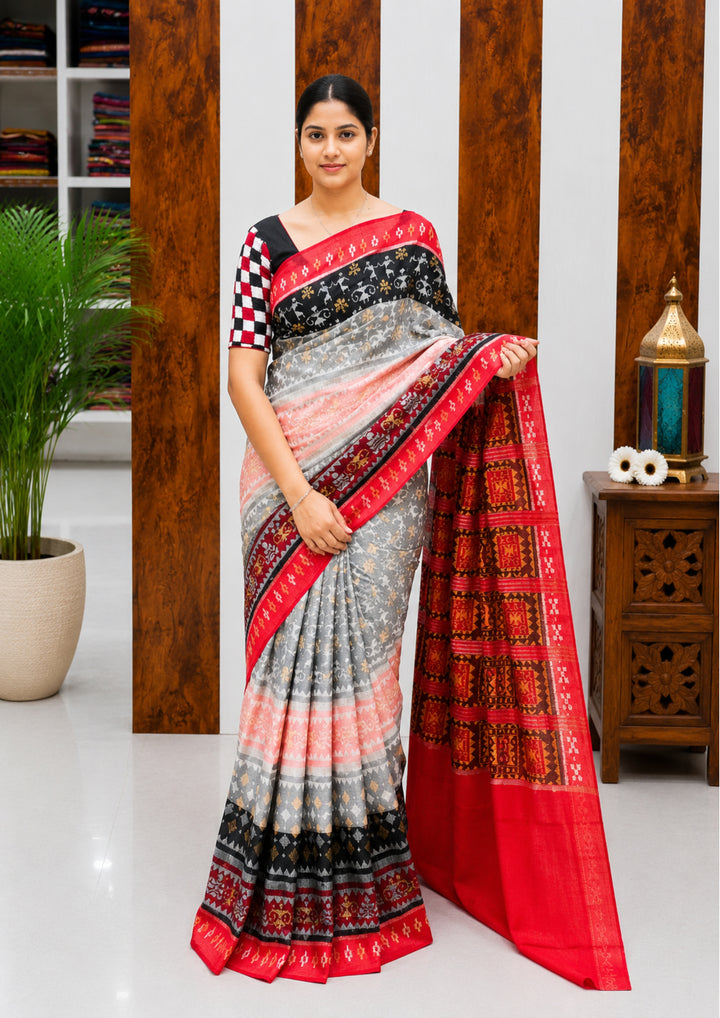 Elegant Sambalpuri Handloom Cotton Saree in Ash Grey, Black &  Rani Pink