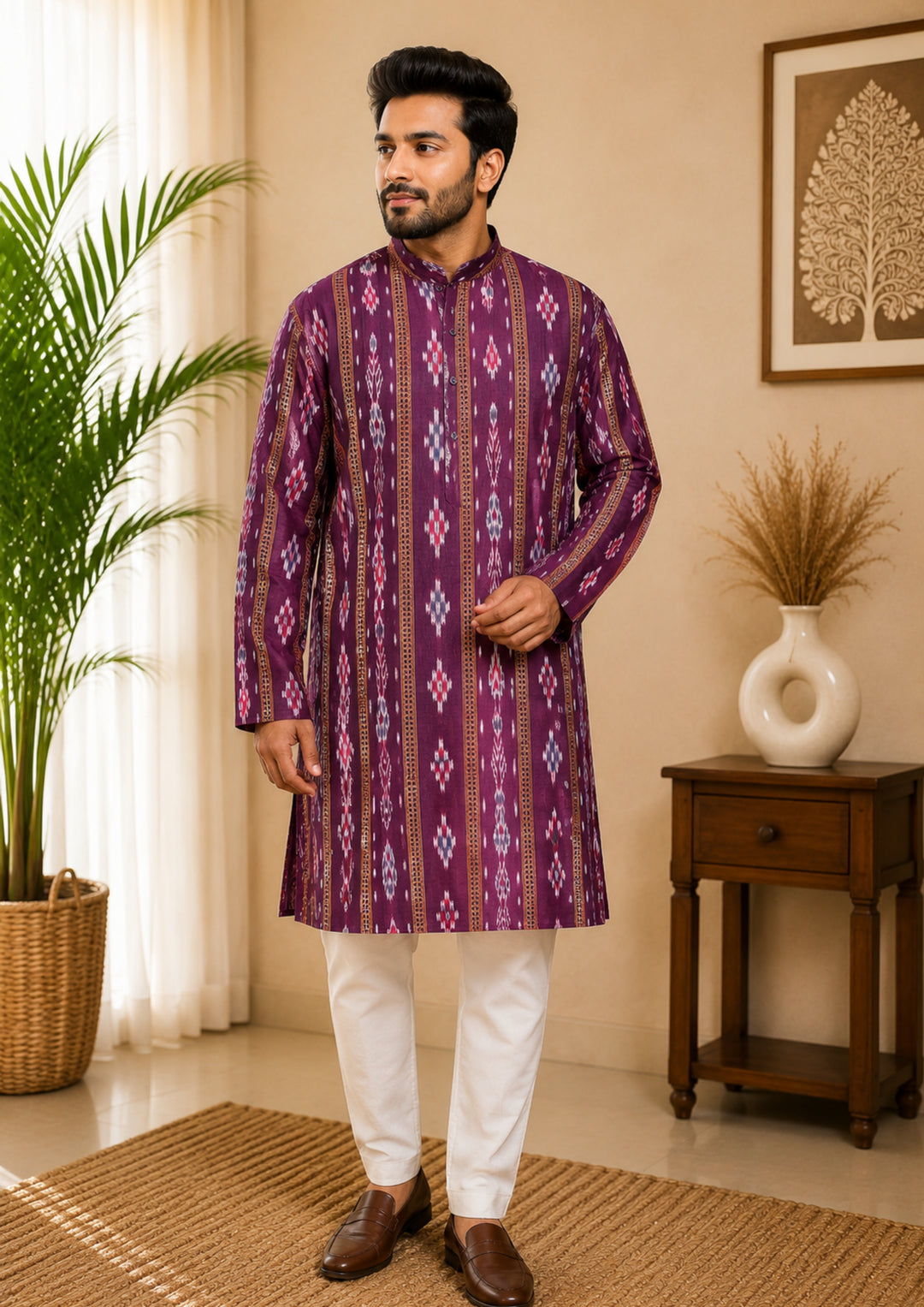 Sambalpuri Men's Long Kurta - Imperial Plum Kurta