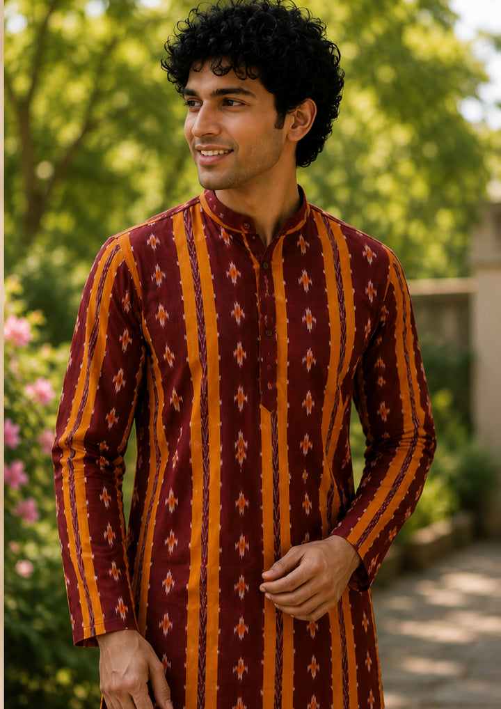 Sambalpuri Men’s Long Kurta – Maroon with Orange Ikat Vertical Stripe