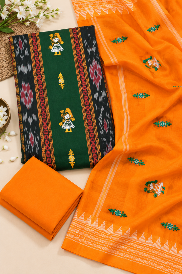 Women's Sambalpuri Mustard Orange & Dark Green Unstitched Suit Material with Dupatta