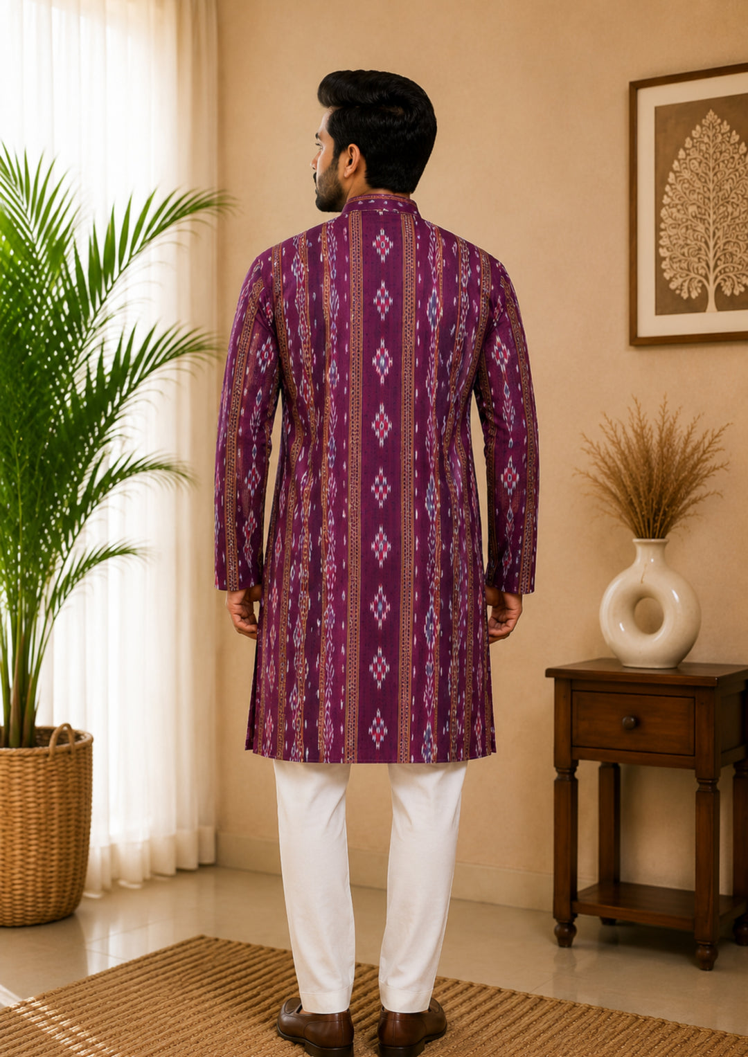 Sambalpuri Men's Long Kurta - Imperial Plum Kurta