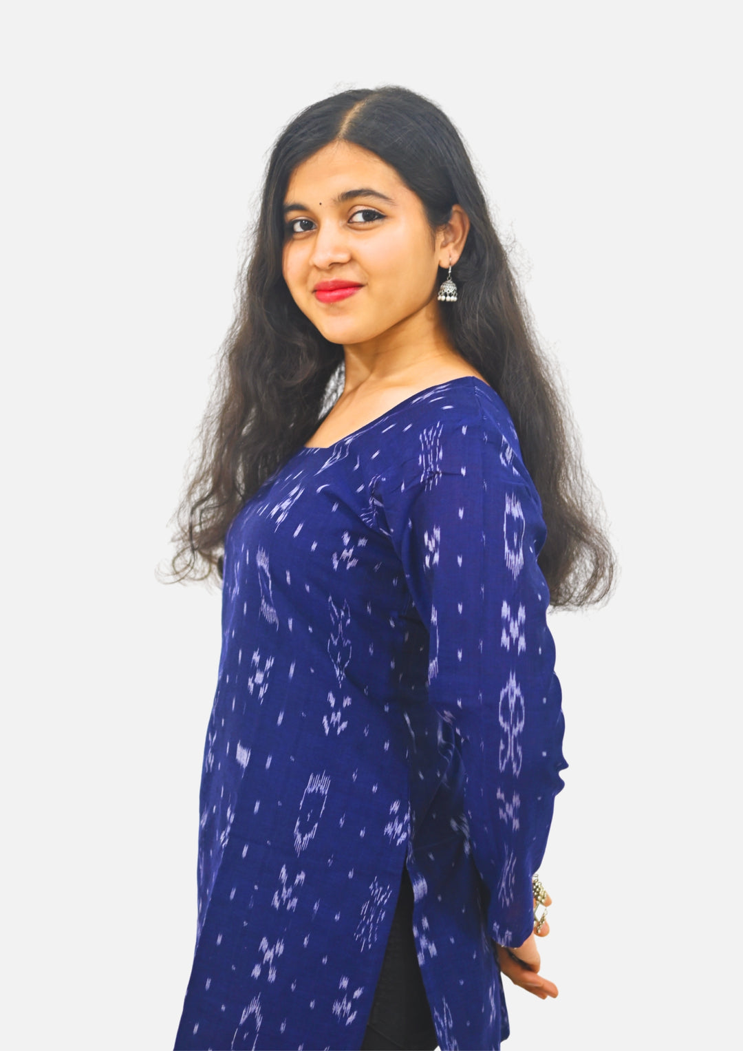 Wovio Modern Ikat Tunic - Navy Blue Base with White Motifs & Square Neck Design