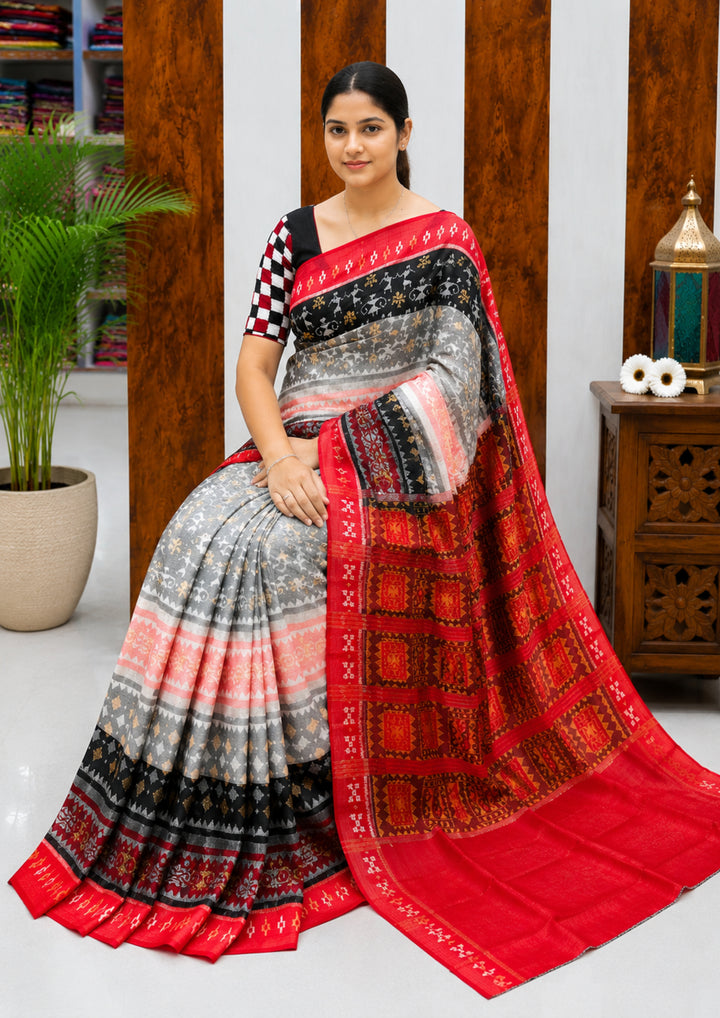 Elegant Sambalpuri Handloom Cotton Saree in Ash Grey, Black &  Rani Pink