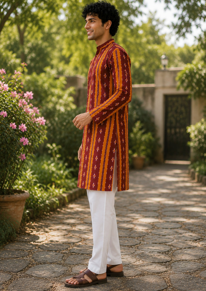 Sambalpuri Men’s Long Kurta – Maroon with Orange Ikat Vertical Stripe