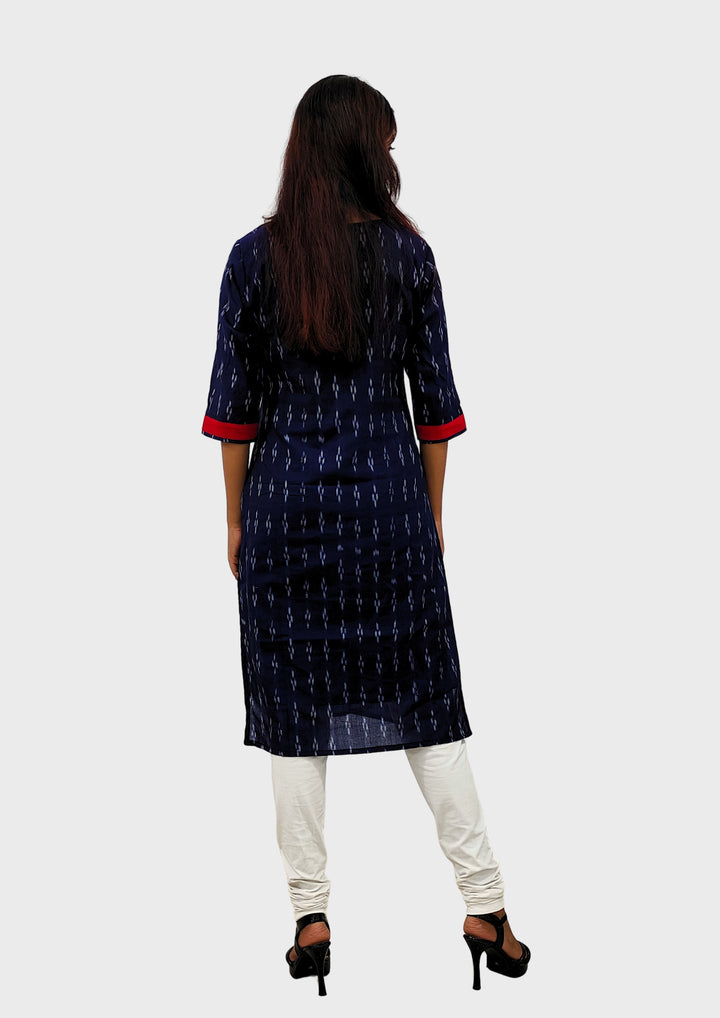 Sambalpuri Women's Kurti – Navy Blue with Red and White Pasapali Ikat Motif