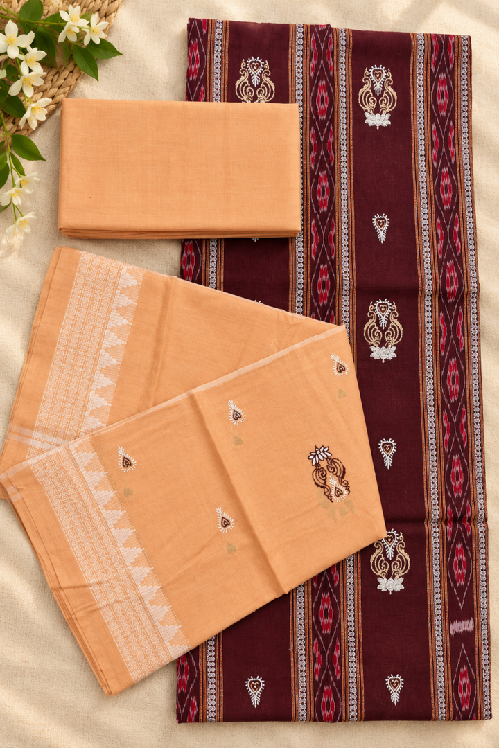 Women's Sambalpuri Peach & Burgundy Unstitched Suit Material with Dupatta