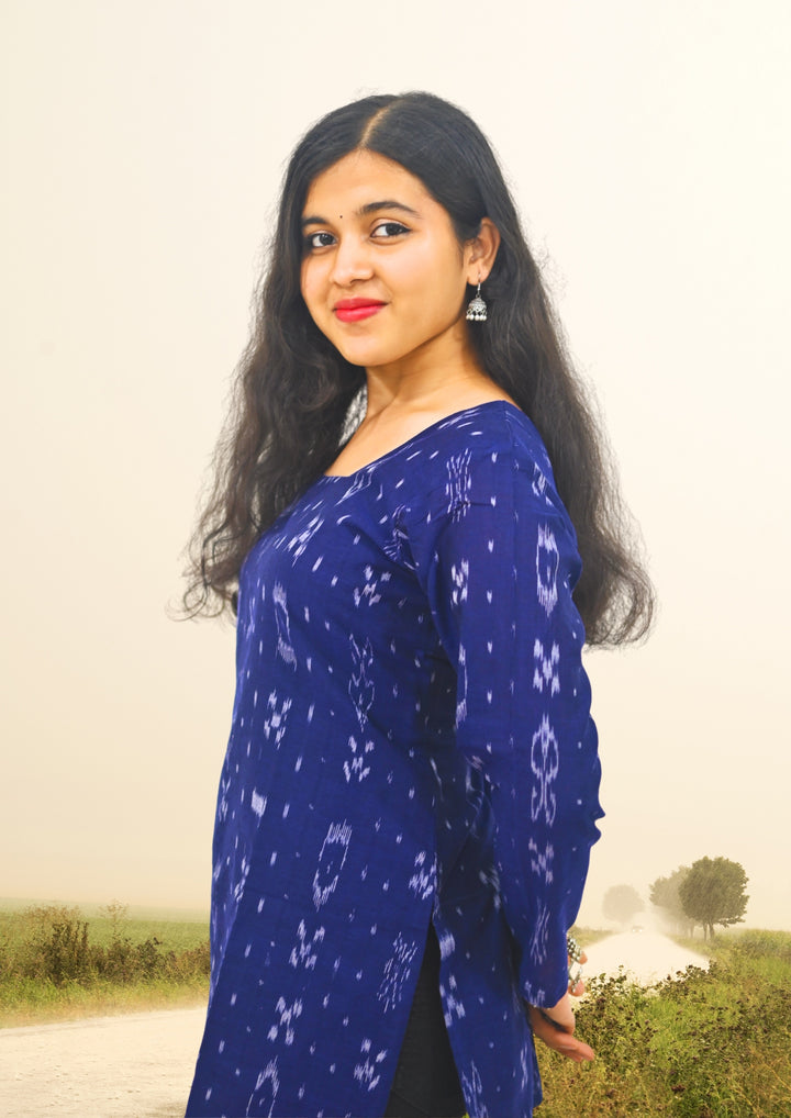 Wovio Modern Ikat Tunic - Navy Blue Base with White Motifs & Square Neck Design