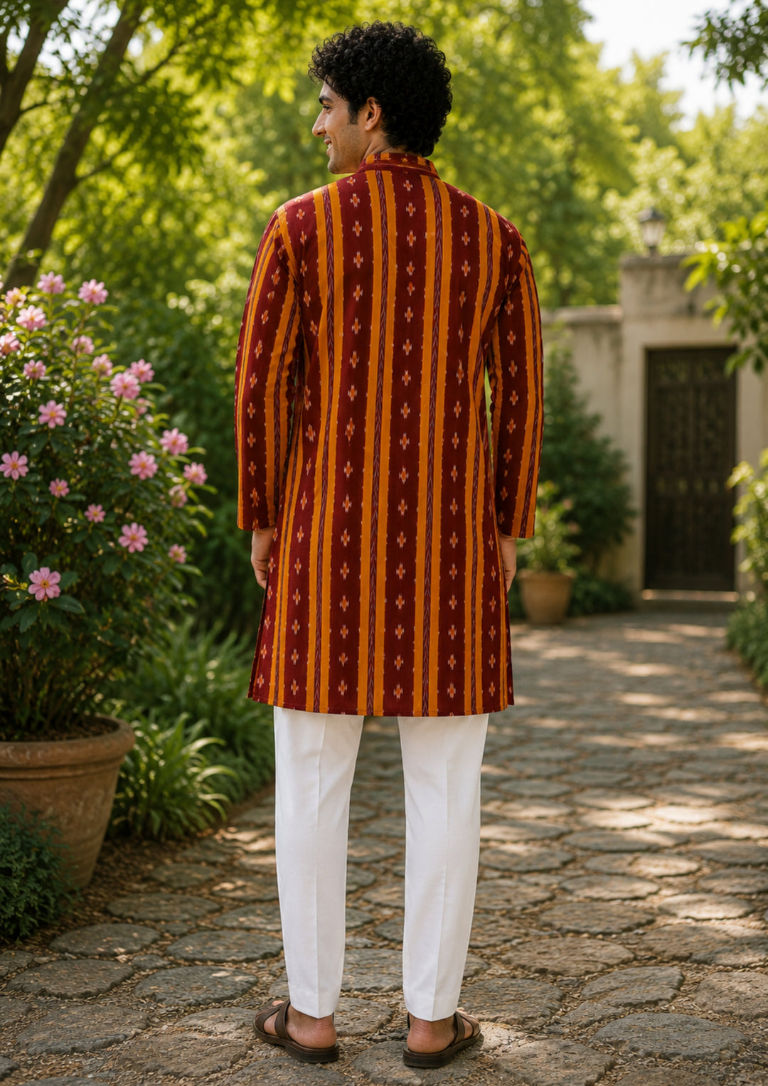 Sambalpuri Men’s Long Kurta – Maroon with Orange Ikat Vertical Stripe