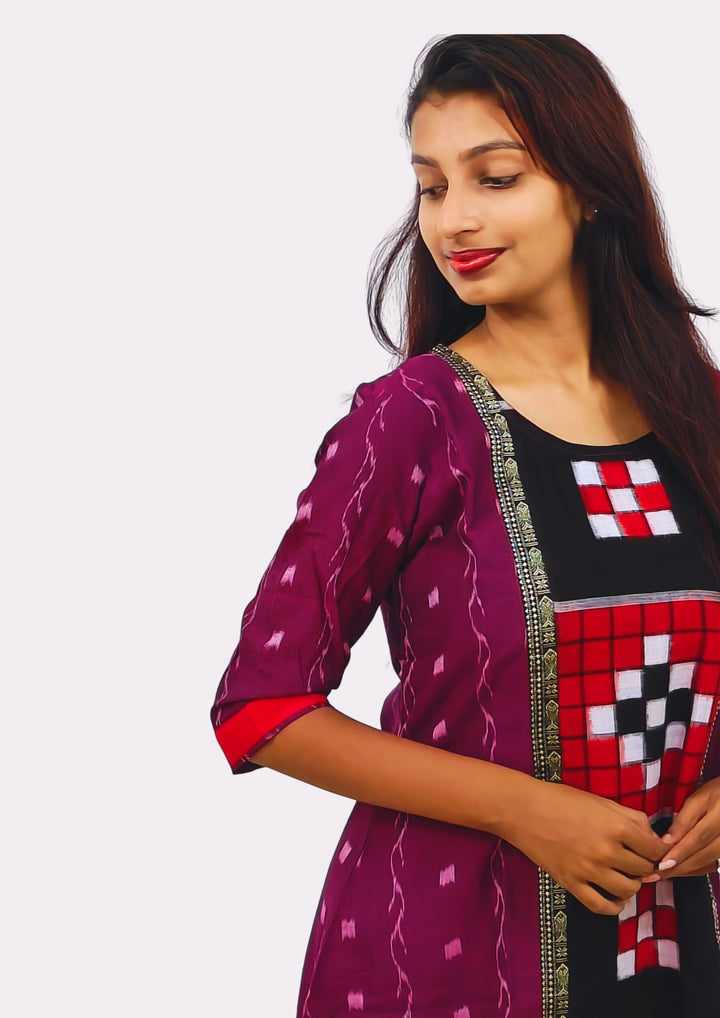 Sambalpuri Women's Gown – Maroon with Black and White Pasapali Ikat Motif