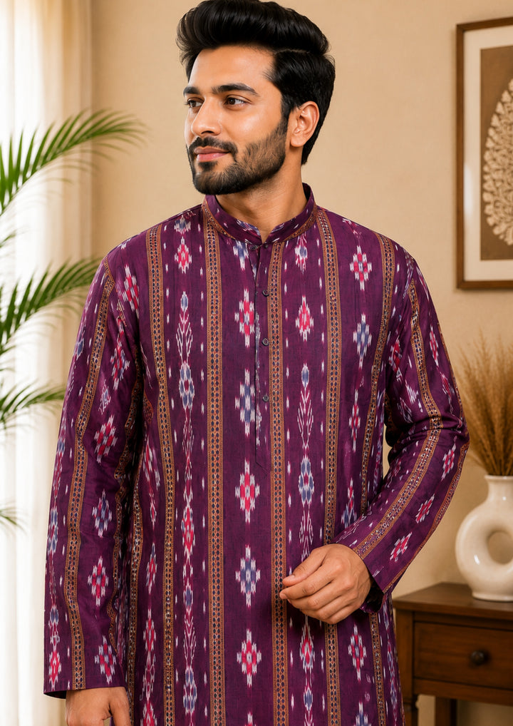 Sambalpuri Men's Long Kurta - Imperial Plum Kurta