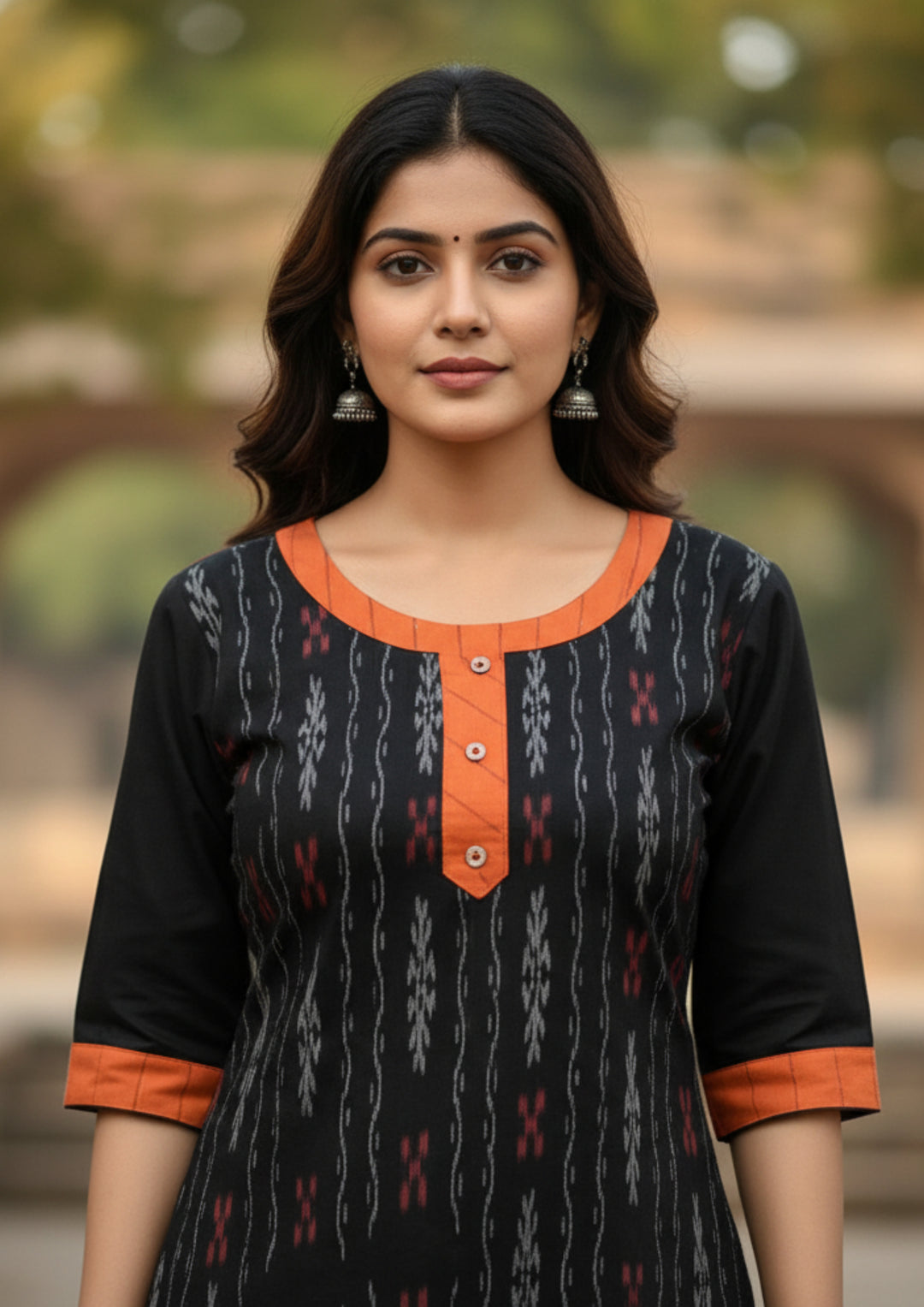 Sambalpuri Women’s Kurti – Black with Orange Collar and Cuff Detailing in Traditional Ikat Pattern
