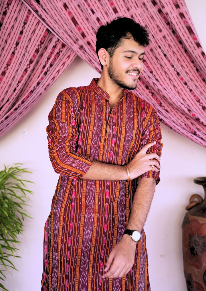Sambalpuri Men’s Long Kurta – Ikat Stripe Pattern, Maroon-Red Base with Orange & Pink Accents