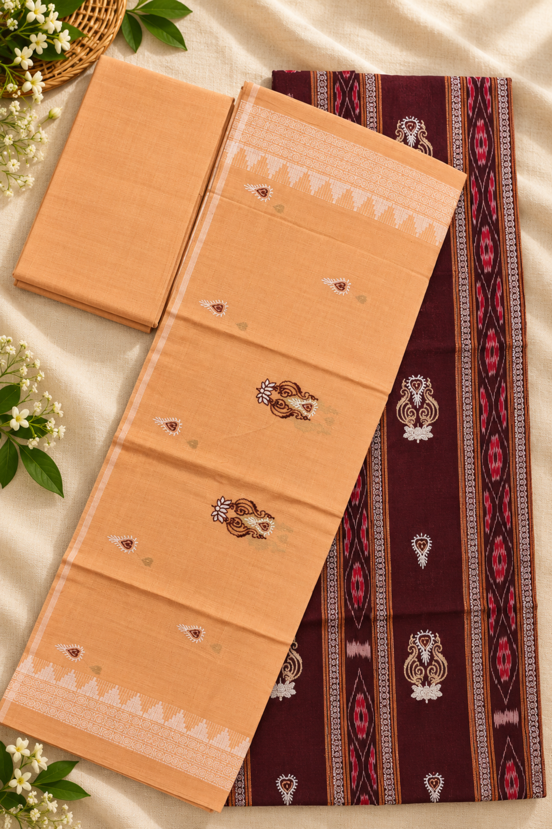 Women's Sambalpuri Peach & Burgundy Unstitched Suit Material with Dupatta