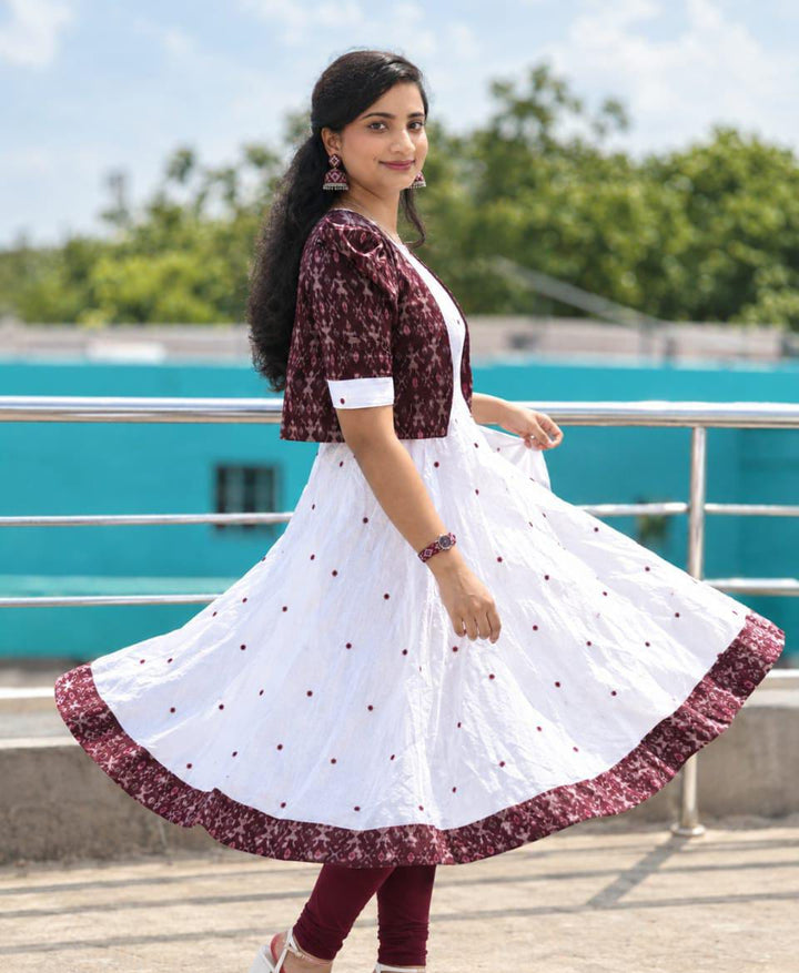 Women’s Pure Handloom Sambalpuri Cotton Jacket with White Butty Flared Frock