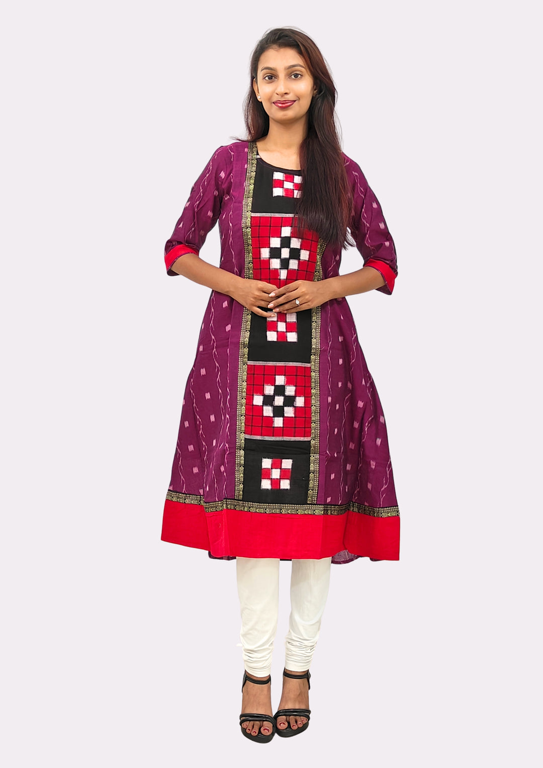 Sambalpuri Women's Gown – Maroon with Black and White Pasapali Ikat Motif