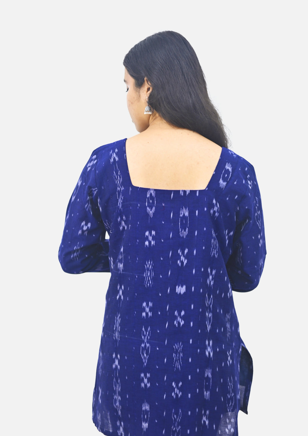 Wovio Modern Ikat Tunic - Navy Blue Base with White Motifs & Square Neck Design