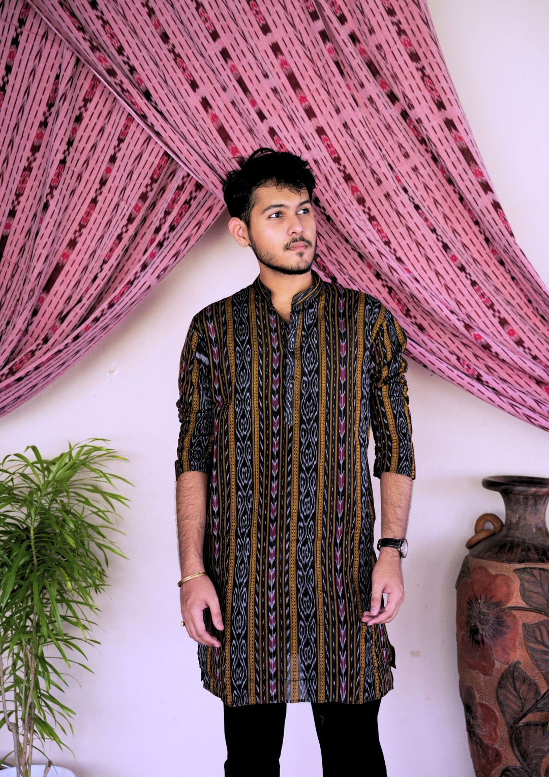 Sambalpuri Men’s Long Kurta –  Ikat Vertical Stripe with Abstract Motifs, Black Base with Yellow & Pink Highlights