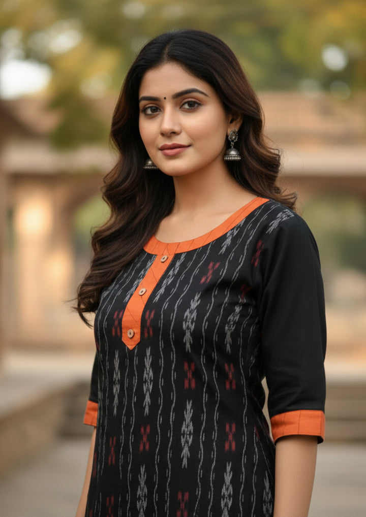 Sambalpuri Women’s Kurti – Black with Orange Collar and Cuff Detailing in Traditional Ikat Pattern