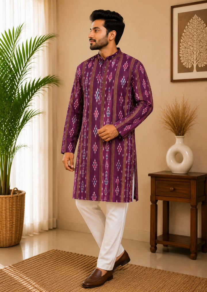 Sambalpuri Men's Long Kurta - Imperial Plum Kurta