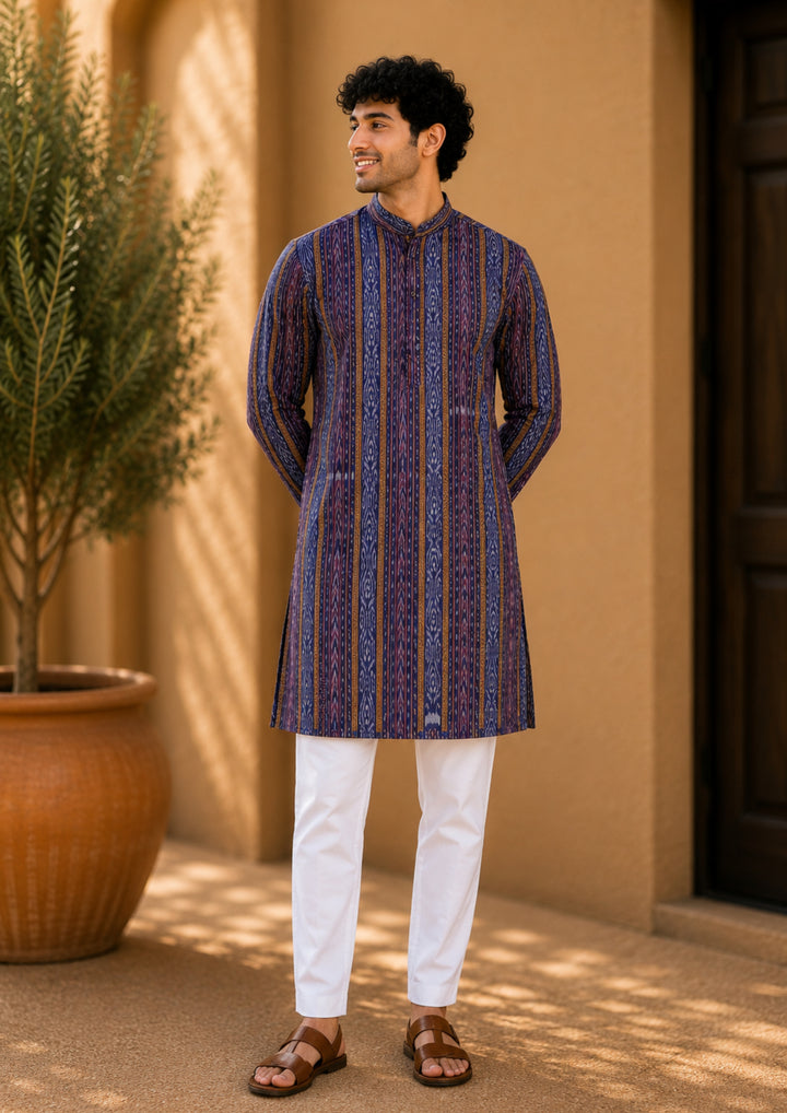 Men’s Long Kurta – Navy Blue with Multicolor Ikat Vertical Stripe