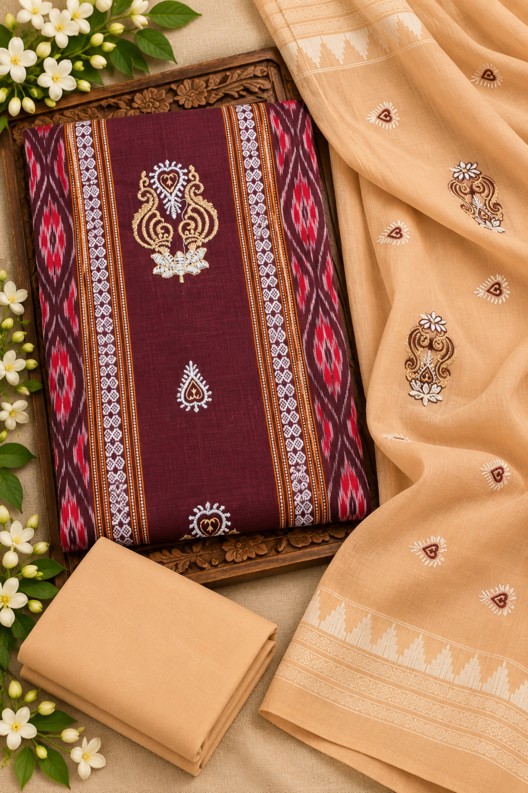 Women's Sambalpuri Peach & Burgundy Unstitched Suit Material with Dupatta