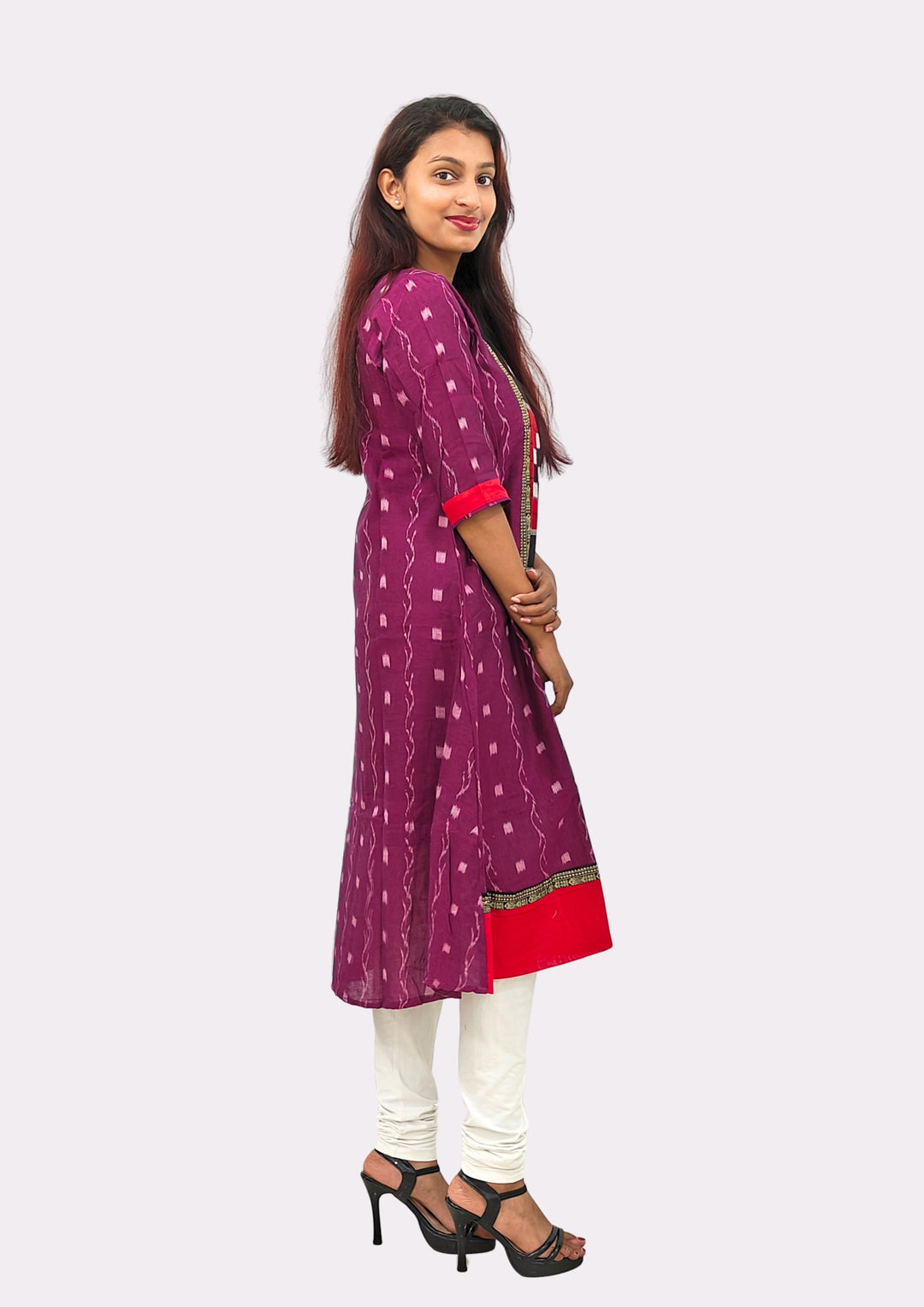 Sambalpuri Women's Gown – Maroon with Black and White Pasapali Ikat Motif
