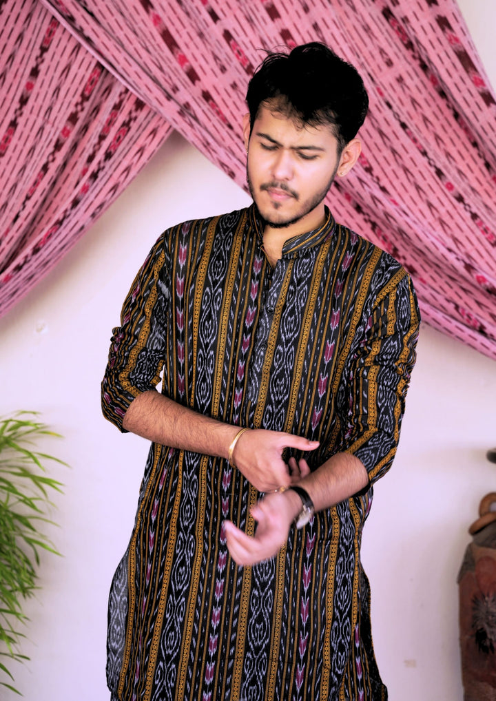 Sambalpuri Men’s Long Kurta –  Ikat Vertical Stripe with Abstract Motifs, Black Base with Yellow & Pink Highlights
