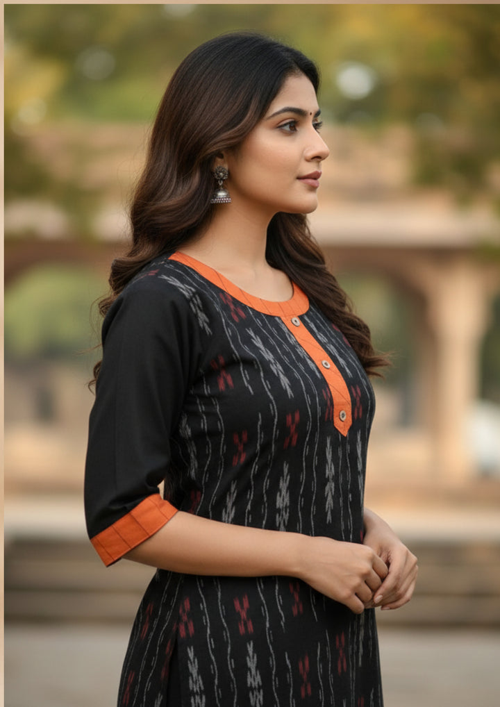 Sambalpuri Women’s Kurti – Black with Orange Collar and Cuff Detailing in Traditional Ikat Pattern
