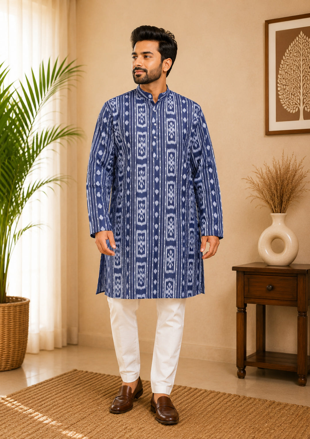 Sambalpuri Men's Long Kurta - Indigo Heritage Kurta