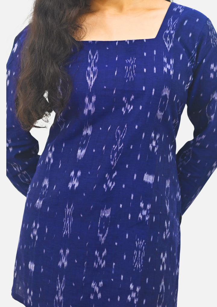 Wovio Modern Ikat Tunic - Navy Blue Base with White Motifs & Square Neck Design