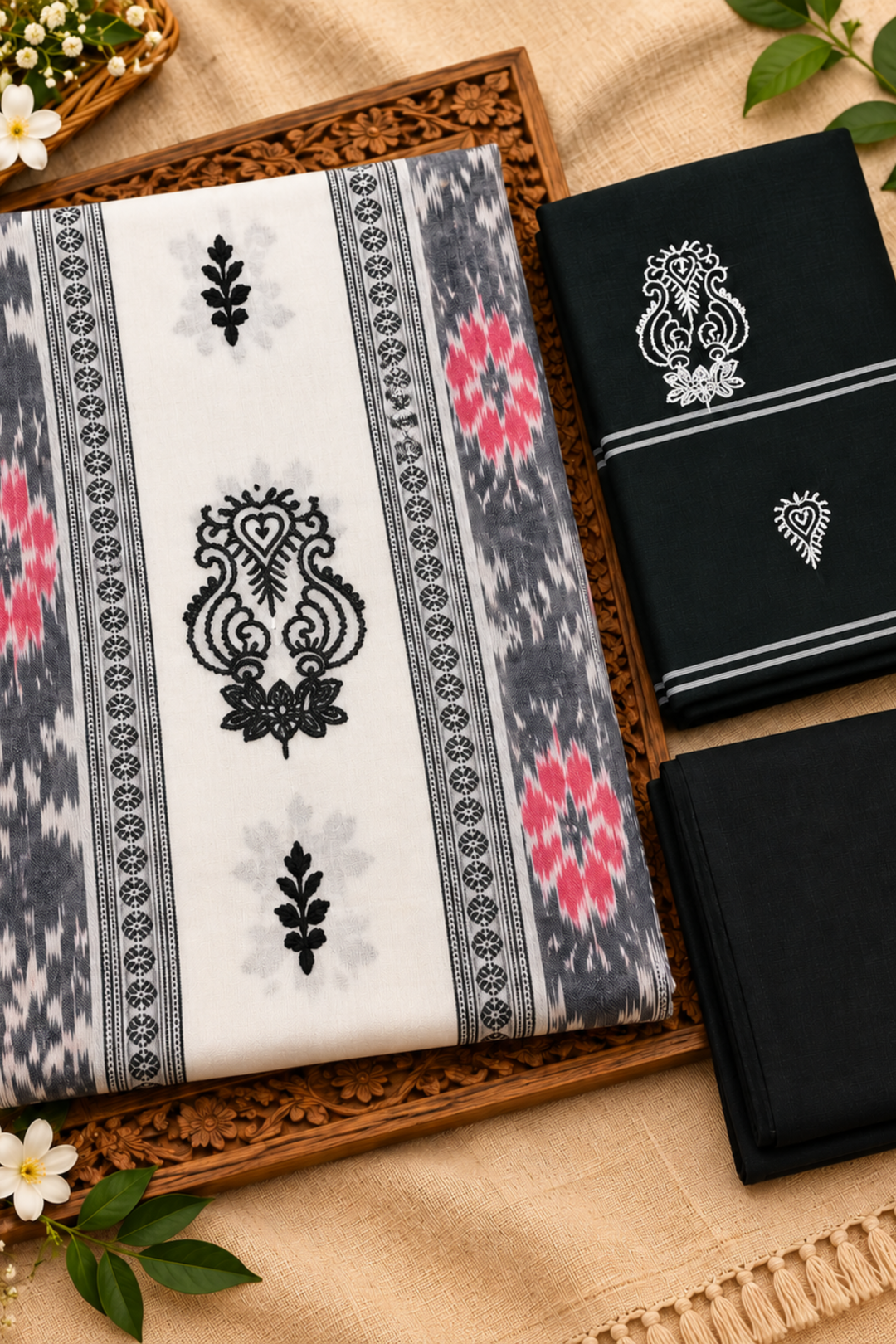 Women's Sambalpuri White & Black Unstitched Suit Material with Dupatta
