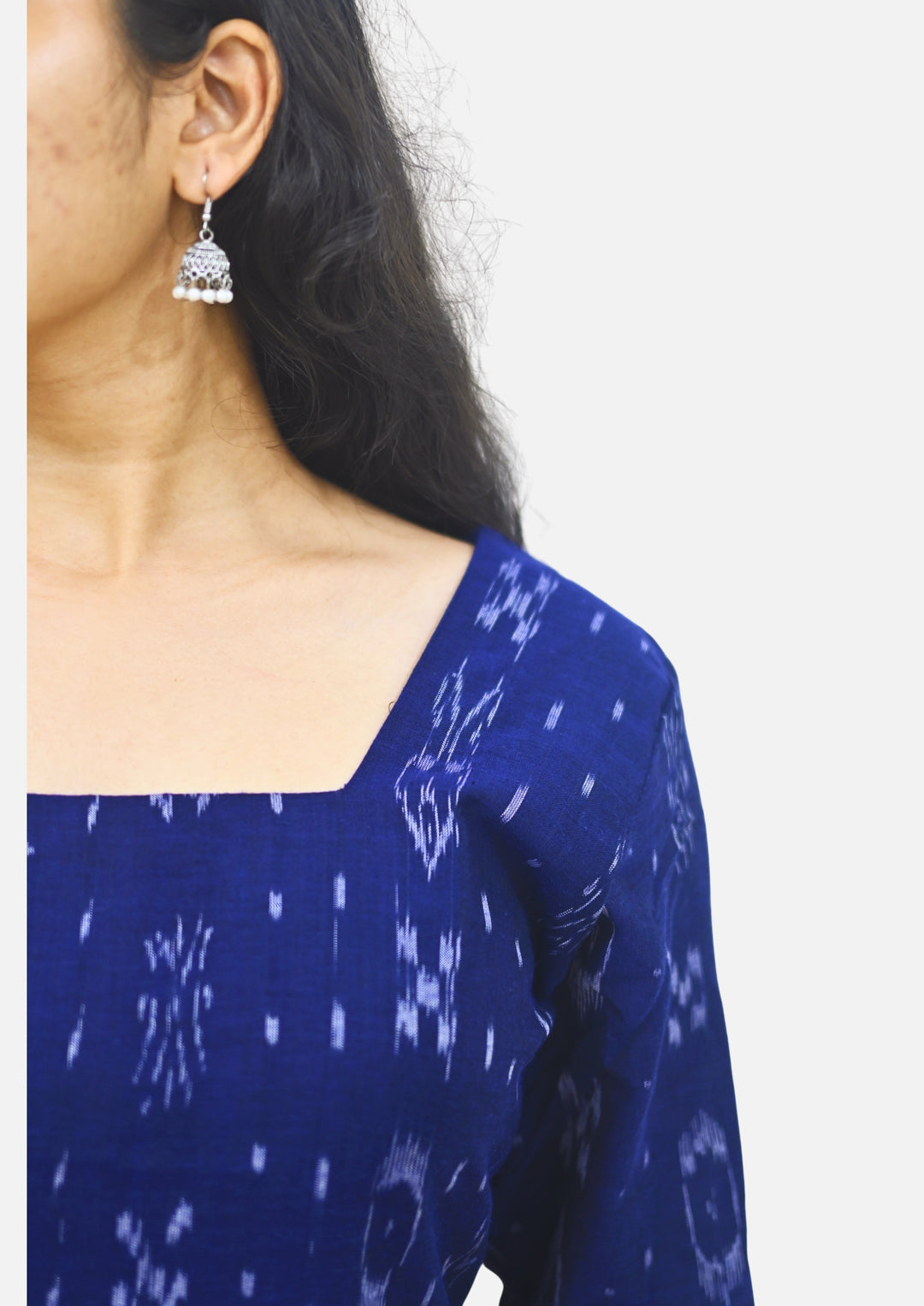 Wovio Modern Ikat Tunic - Navy Blue Base with White Motifs & Square Neck Design