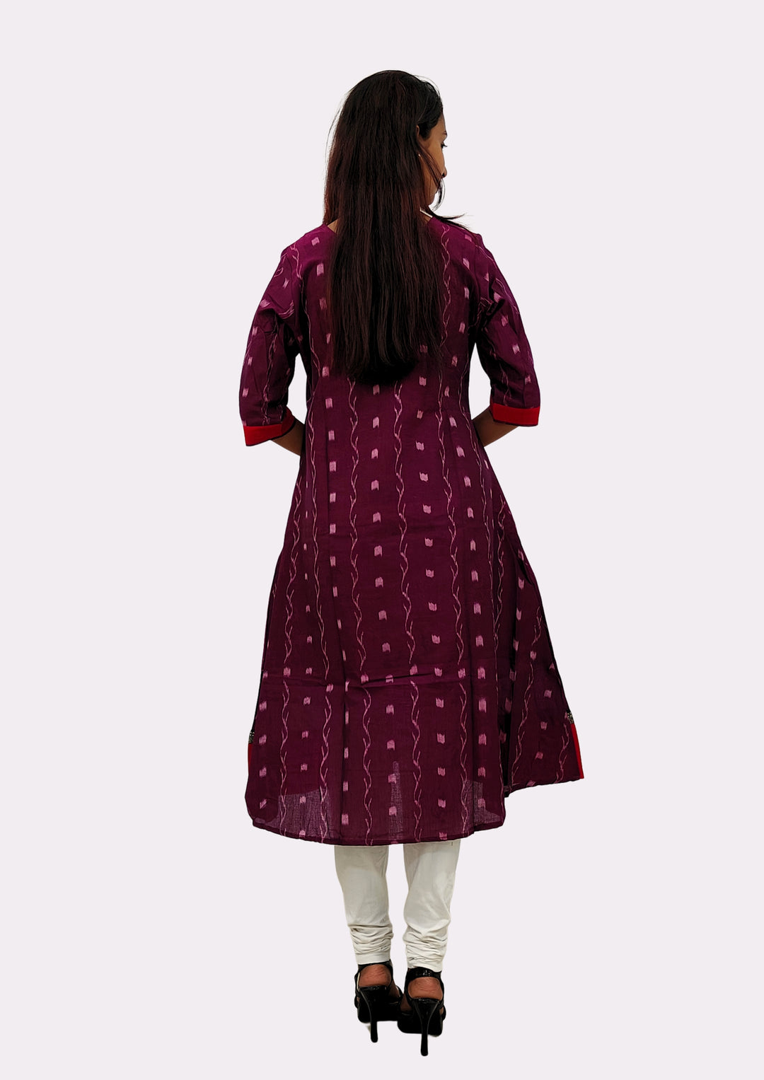 Sambalpuri Women's Gown – Maroon with Black and White Pasapali Ikat Motif