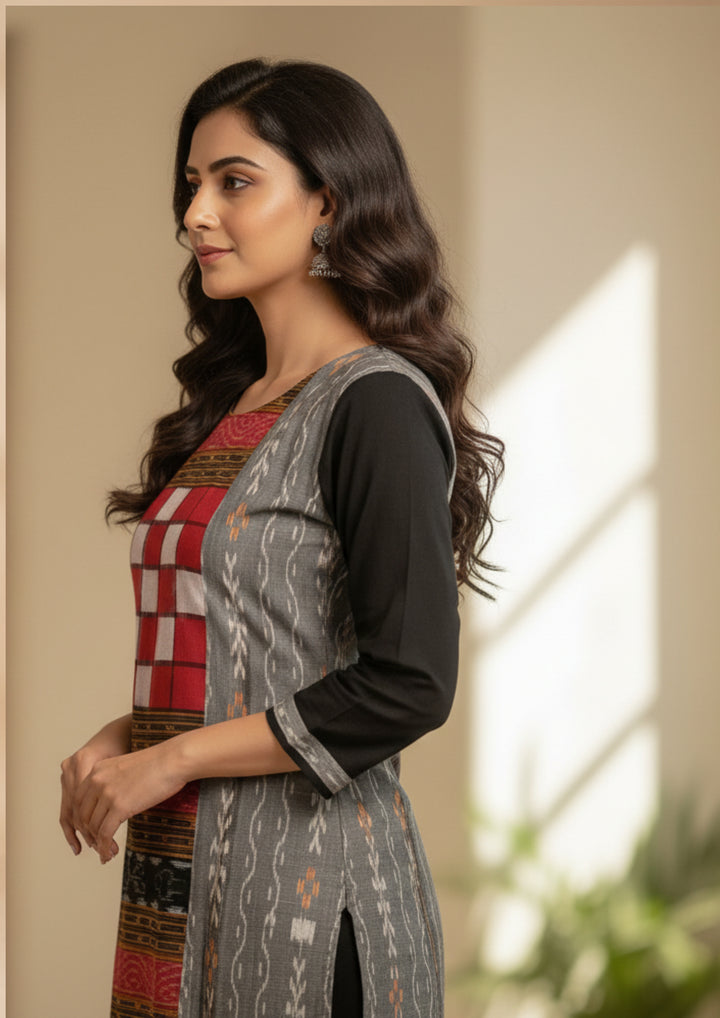 Sambalpuri Women's Kurti - Bichitrapuri Design Pure Cotton Kurti in Grey & Black