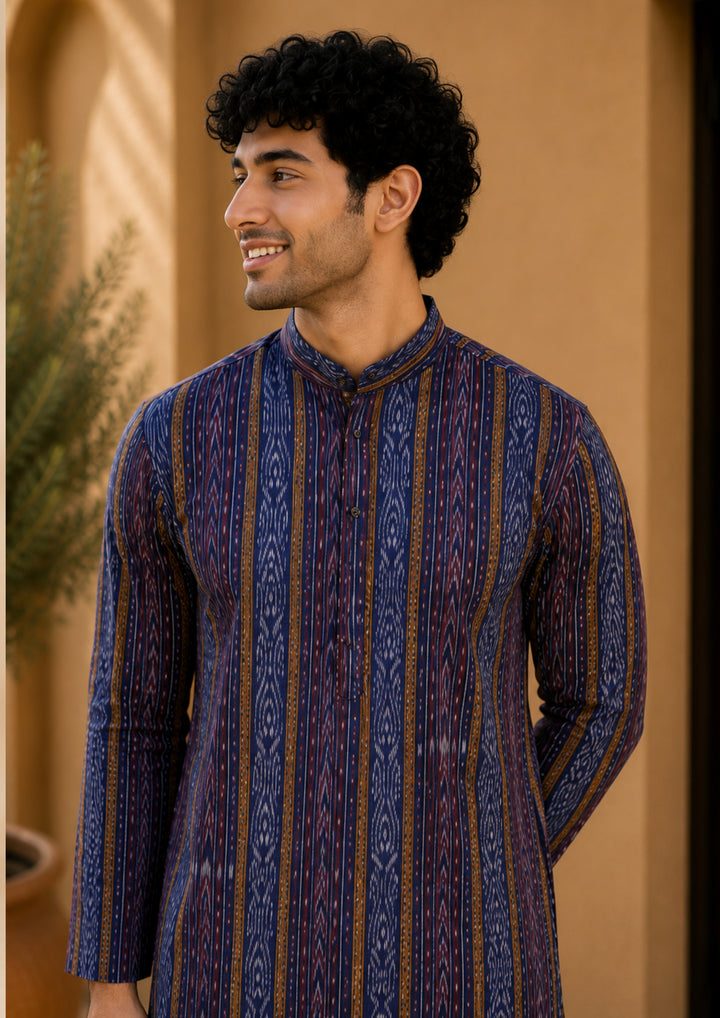 Men’s Long Kurta – Navy Blue with Multicolor Ikat Vertical Stripe