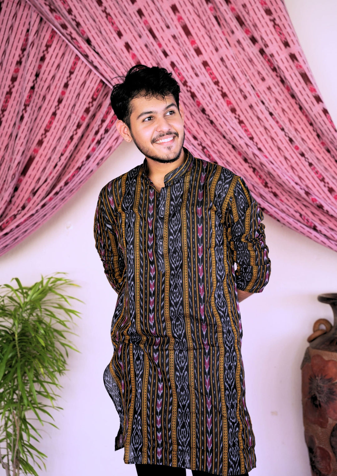 Sambalpuri Men’s Long Kurta –  Ikat Vertical Stripe with Abstract Motifs, Black Base with Yellow & Pink Highlights