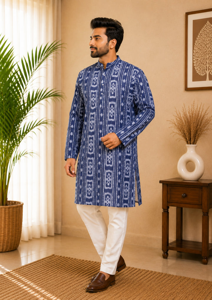 Sambalpuri Men's Long Kurta - Indigo Heritage Kurta