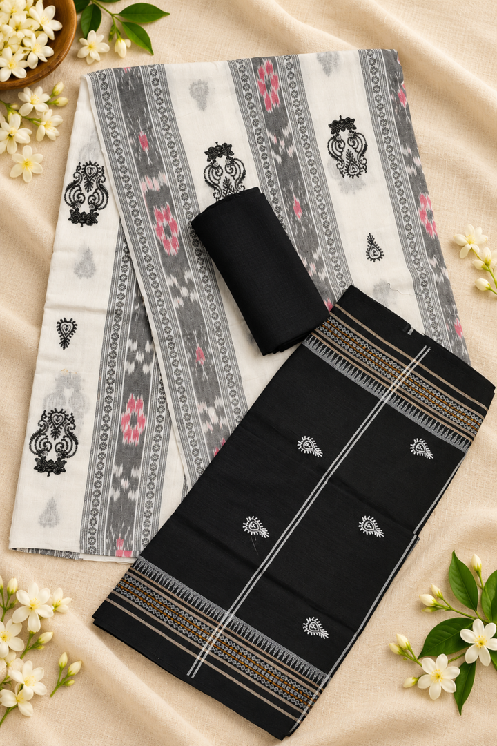Women's Sambalpuri White & Black Unstitched Suit Material with Dupatta