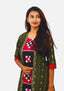 Sambalpuri Women's Gown – Olive Green with Black, Red, and White Pasapali Ikat Motif