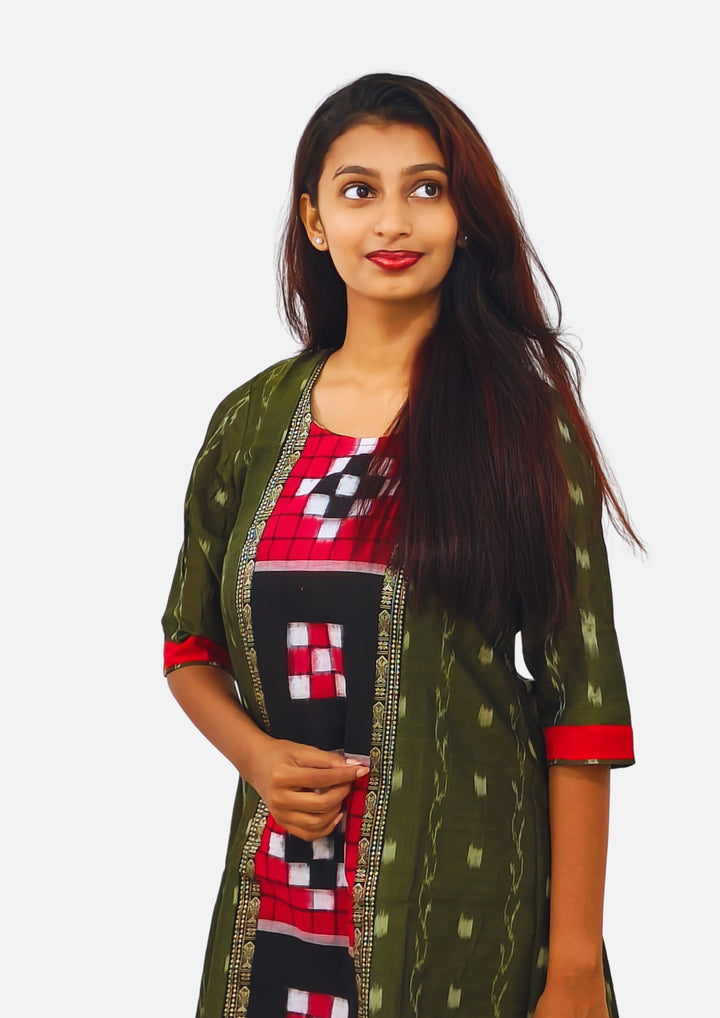 Sambalpuri Women's Gown – Olive Green with Black, Red, and White Pasapali Ikat Motif