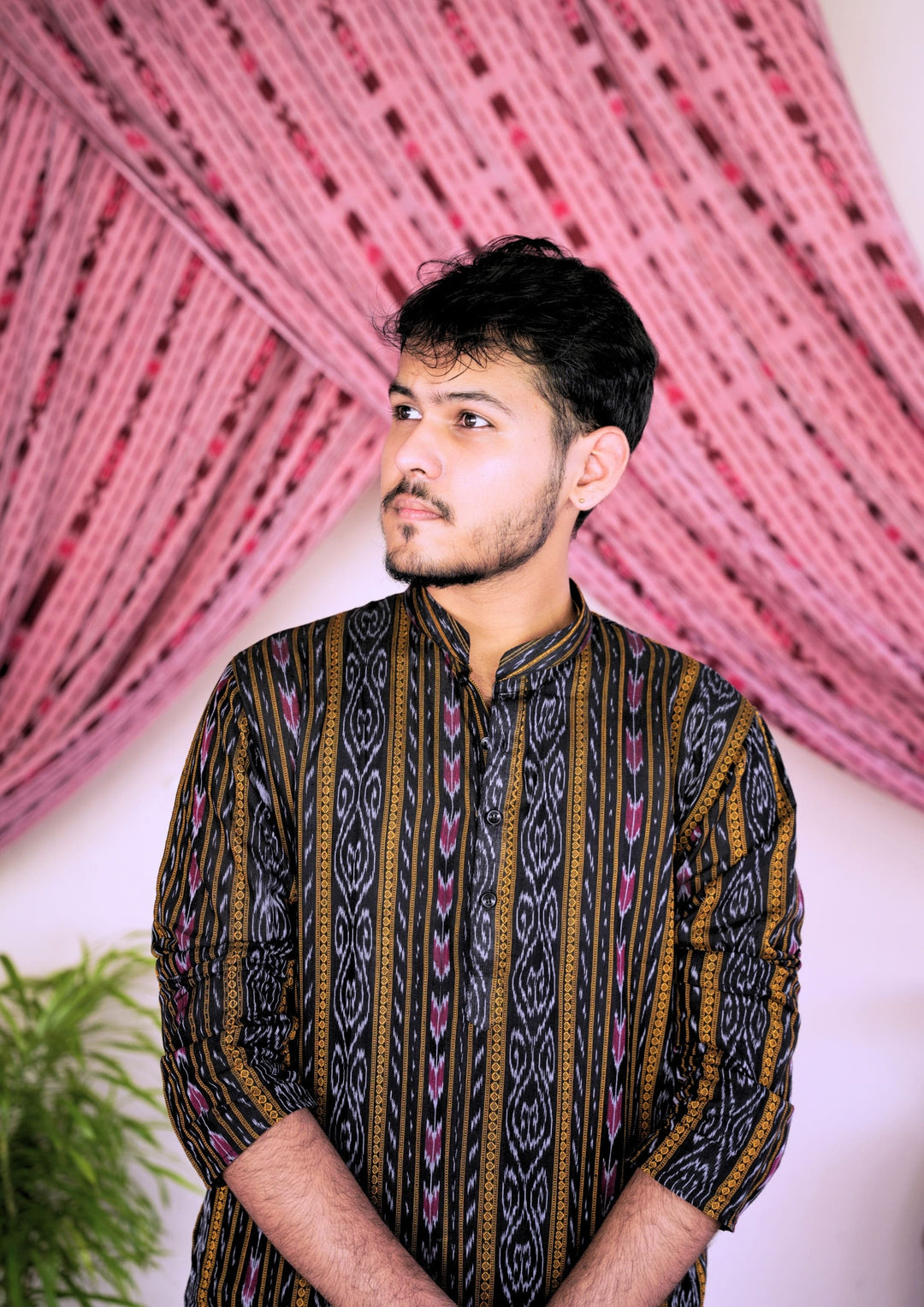 Sambalpuri Men’s Long Kurta –  Ikat Vertical Stripe with Abstract Motifs, Black Base with Yellow & Pink Highlights