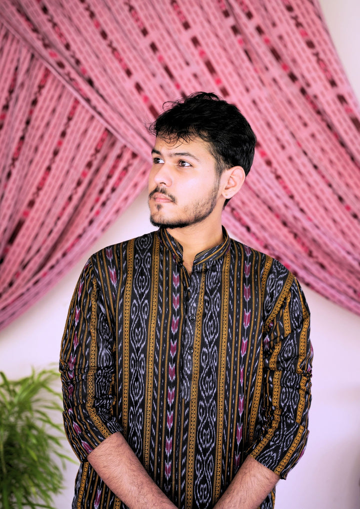 Sambalpuri Men’s Long Kurta –  Ikat Vertical Stripe with Abstract Motifs, Black Base with Yellow & Pink Highlights