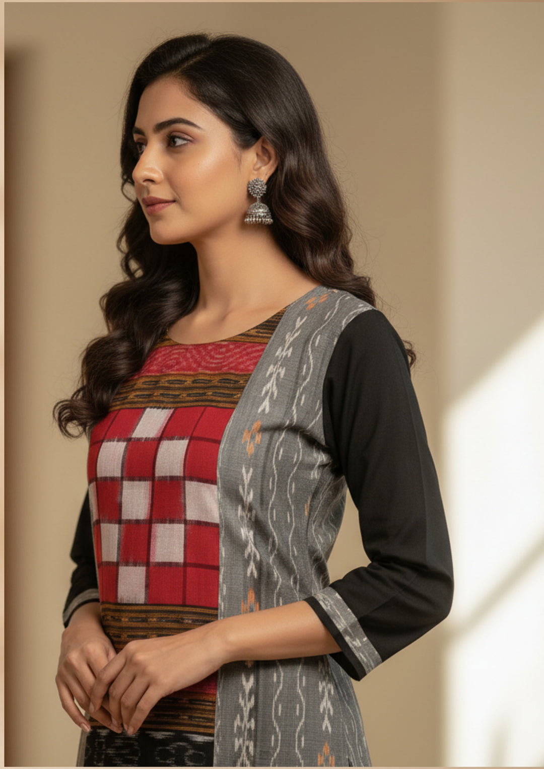 Sambalpuri Women's Kurti - Bichitrapuri Design Pure Cotton Kurti in Grey & Black