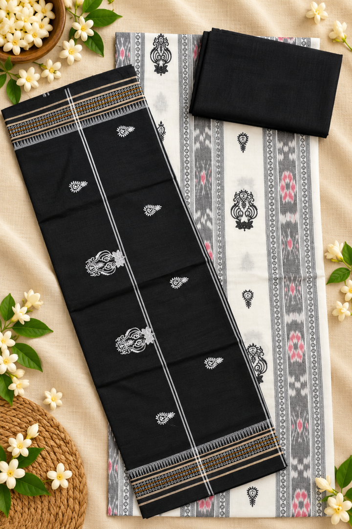 Women's Sambalpuri White & Black Unstitched Suit Material with Dupatta