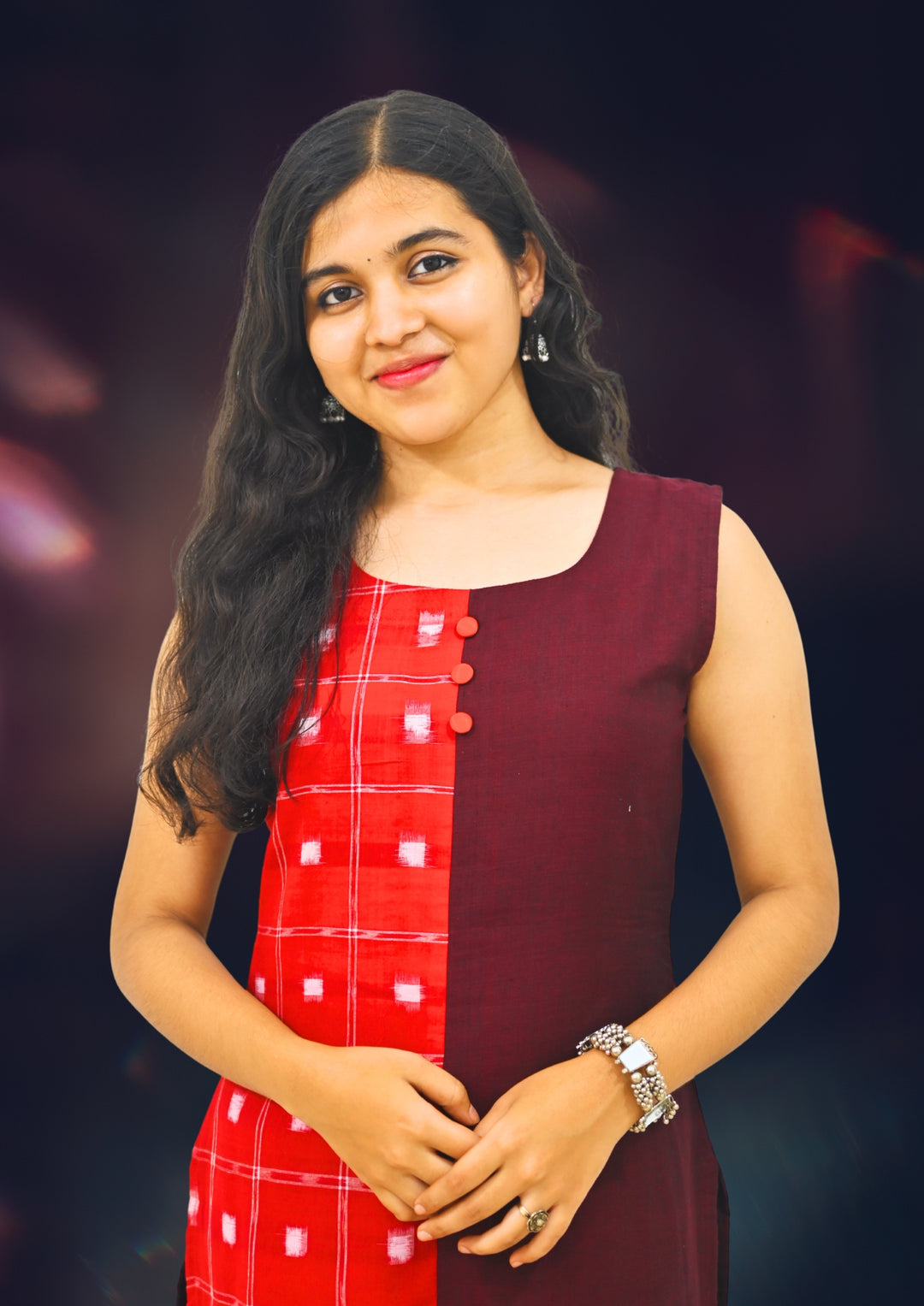 Wovio Modern Dual-Tone Ikat Dress - Red & Maroon Panel Design with Square Motif Pattern