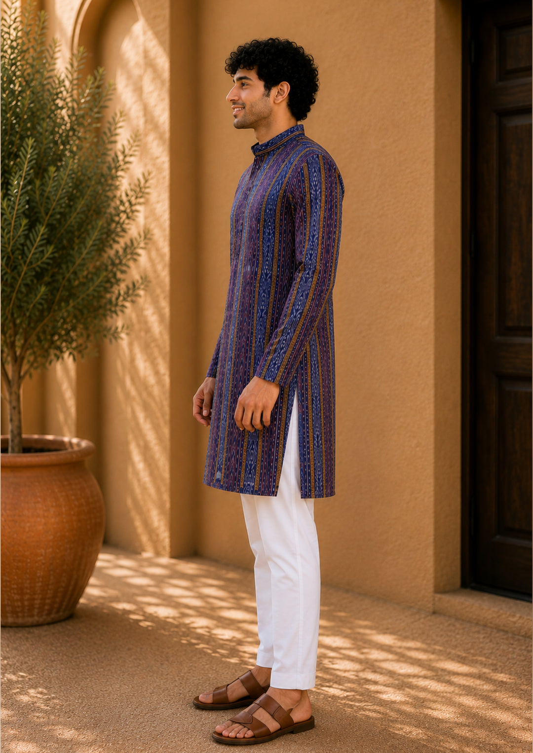 Men’s Long Kurta – Navy Blue with Multicolor Ikat Vertical Stripe